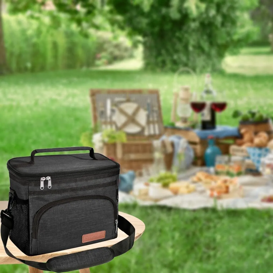 ExtraCharm Insulated Lunch Bag for Women/Men - Reusable Lunch Box for Office Picnic Hiking Beach - Leakproof Cooler Tote Bag Organizer with Adjustable Shoulder Strap for Adults - Black