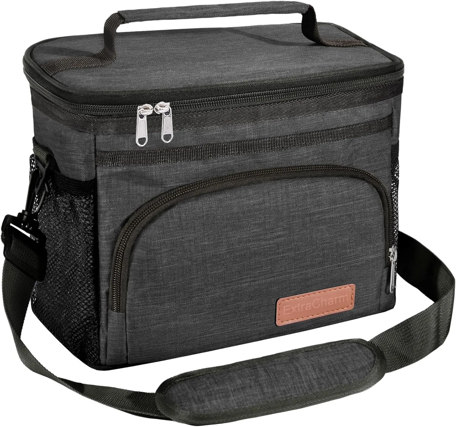 ExtraCharm Insulated Lunch Bag for Women/Men - Reusable Lunch Box for Office Picnic Hiking Beach - Leakproof Cooler Tote Bag Organizer with Adjustable Shoulder Strap for Adults - Black