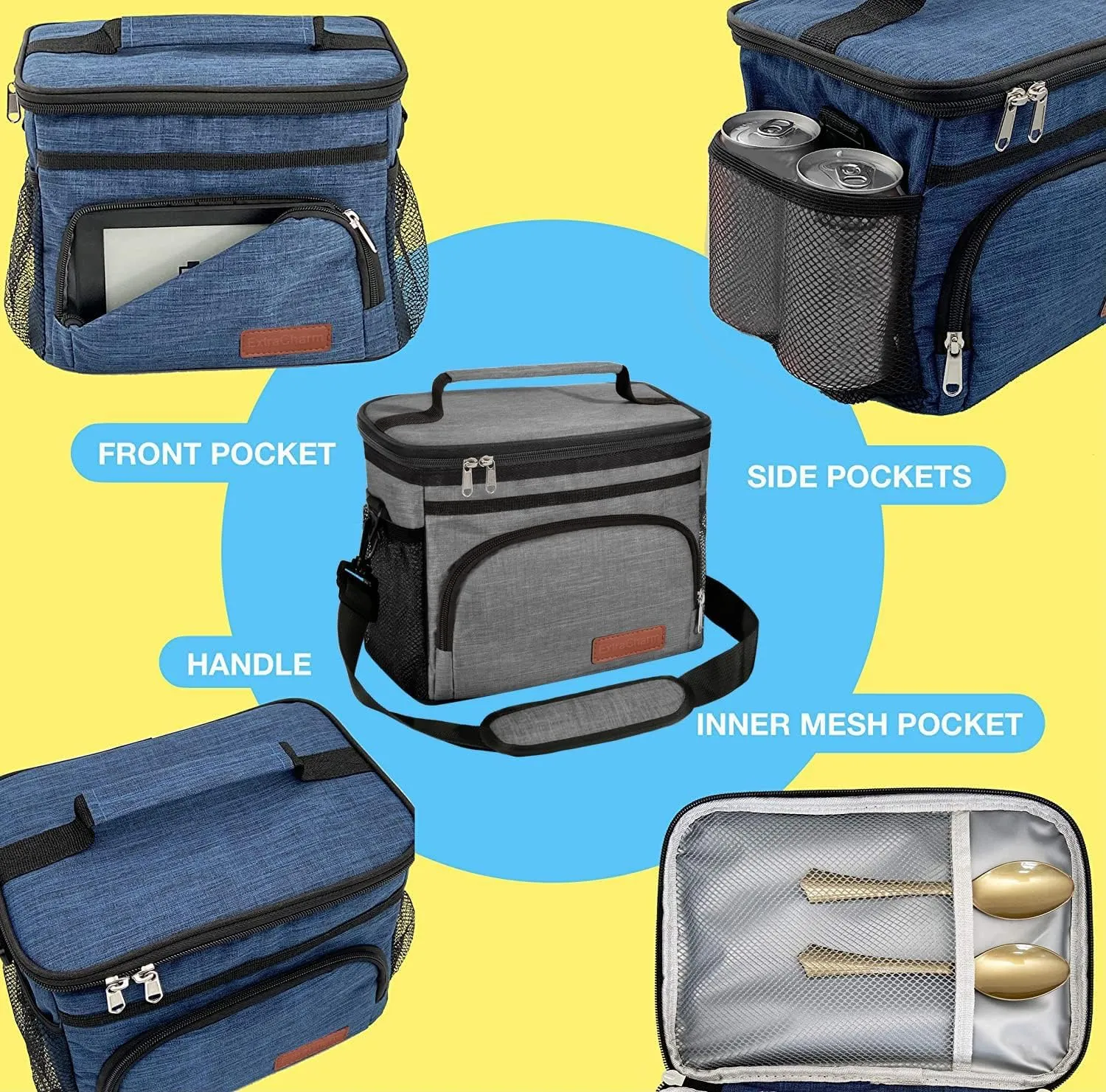 ExtraCharm Insulated Lunch Bag for Women/Men - Reusable Lunch Box for Office Picnic Hiking Beach - Leakproof Cooler Tote Bag Organizer with Adjustable Shoulder Strap for Adults - Grey