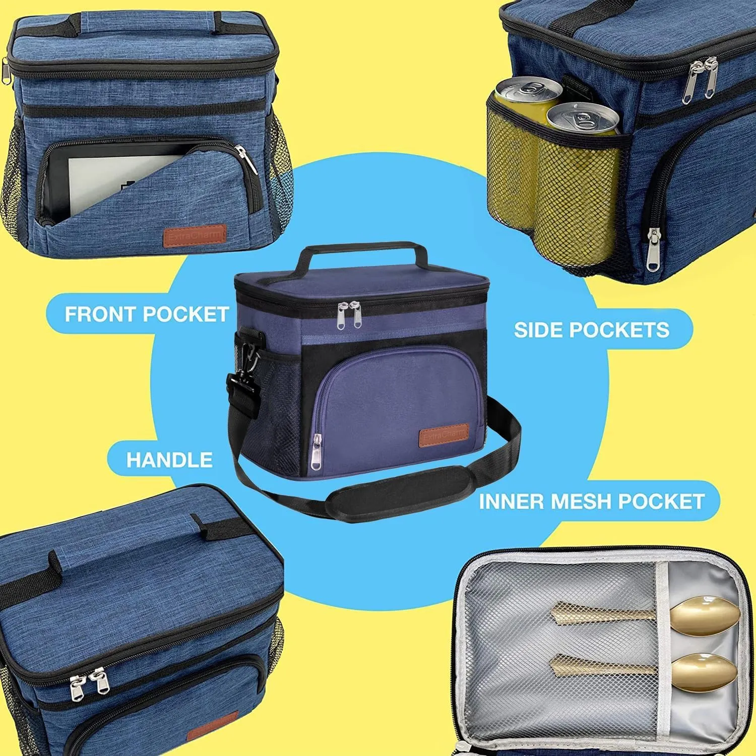 ExtraCharm Insulated Lunch Bag for Women/Men - Reusable Lunch Box for Office Picnic Hiking Beach - Leakproof Cooler Tote Bag Organizer with Adjustable Shoulder Strap for Adults