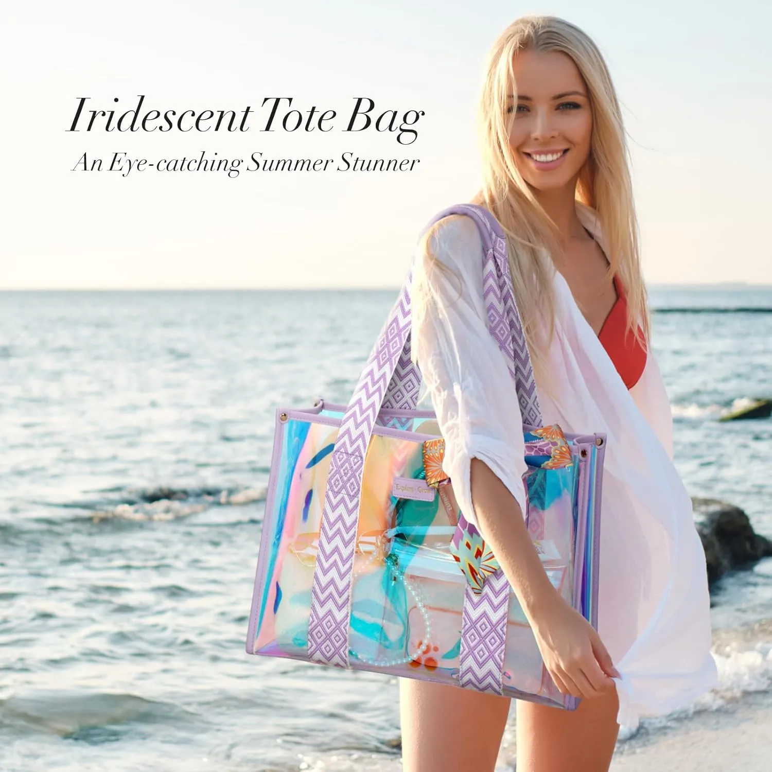 F-color Iridesent Beach Bag for Women - Waterproof Beach Tote Clear Pool Bag with Phone Pouch for Cruise Vacation Essentials