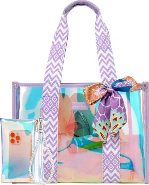 F-color Iridesent Beach Bag for Women - Waterproof Beach Tote Clear Pool Bag with Phone Pouch for Cruise Vacation Essentials