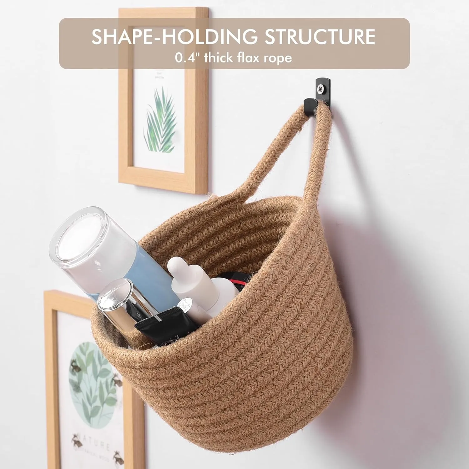 Fabric Wall Hanging Baskets - 3Pack Woven Pouchs Boho Style Wall Mounted Bag with Adhesive Hooks, Storage Organizers and Decoration Pocket Caddy Bins on Door Rack (Linen & Black, Large)