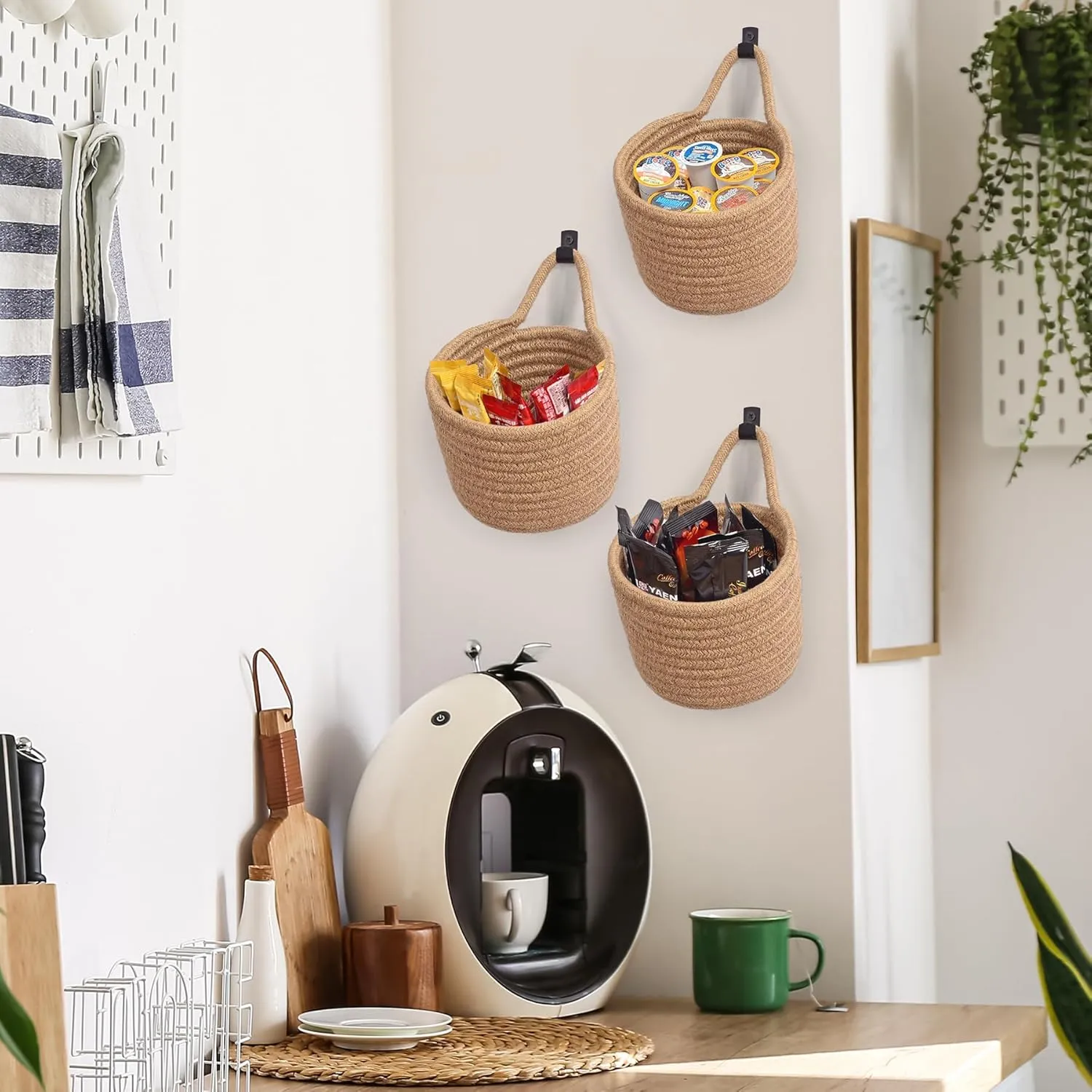 Fabric Wall Hanging Baskets - 3Pack Woven Pouchs Boho Style Wall Mounted Bag with Adhesive Hooks, Storage Organizers and Decoration Pocket Caddy Bins on Door Rack (Linen & Black, Large)