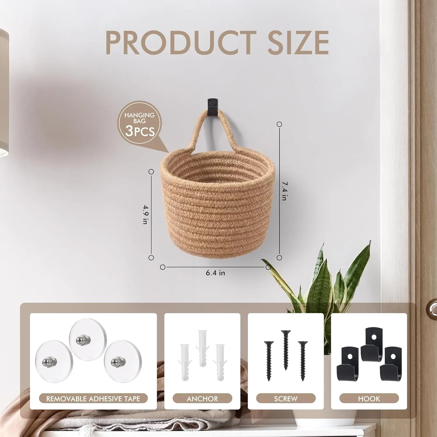 Fabric Wall Hanging Baskets - 3Pack Woven Pouchs Boho Style Wall Mounted Bag with Adhesive Hooks, Storage Organizers and Decoration Pocket Caddy Bins on Door Rack (Linen & Black, Large)