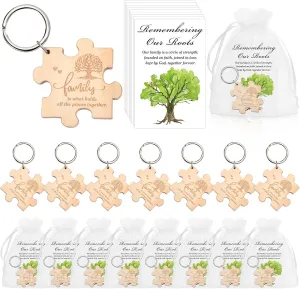 Family Reunion Favors Wood Puzzle Keychains Gift Cards with Bags for Family Gathering Party Souvenirs