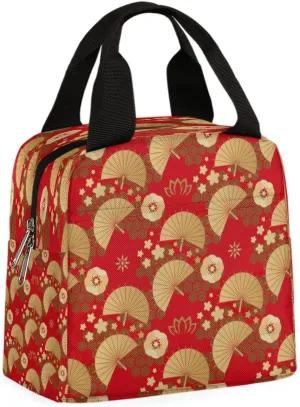 Fans Red Gold Lunch Bag Asia Style Reusable Insulated Cooler Lunch Box Adult Water-Proof Tote Lunch Bag for Women/Men Work Picnic Beach or Travel