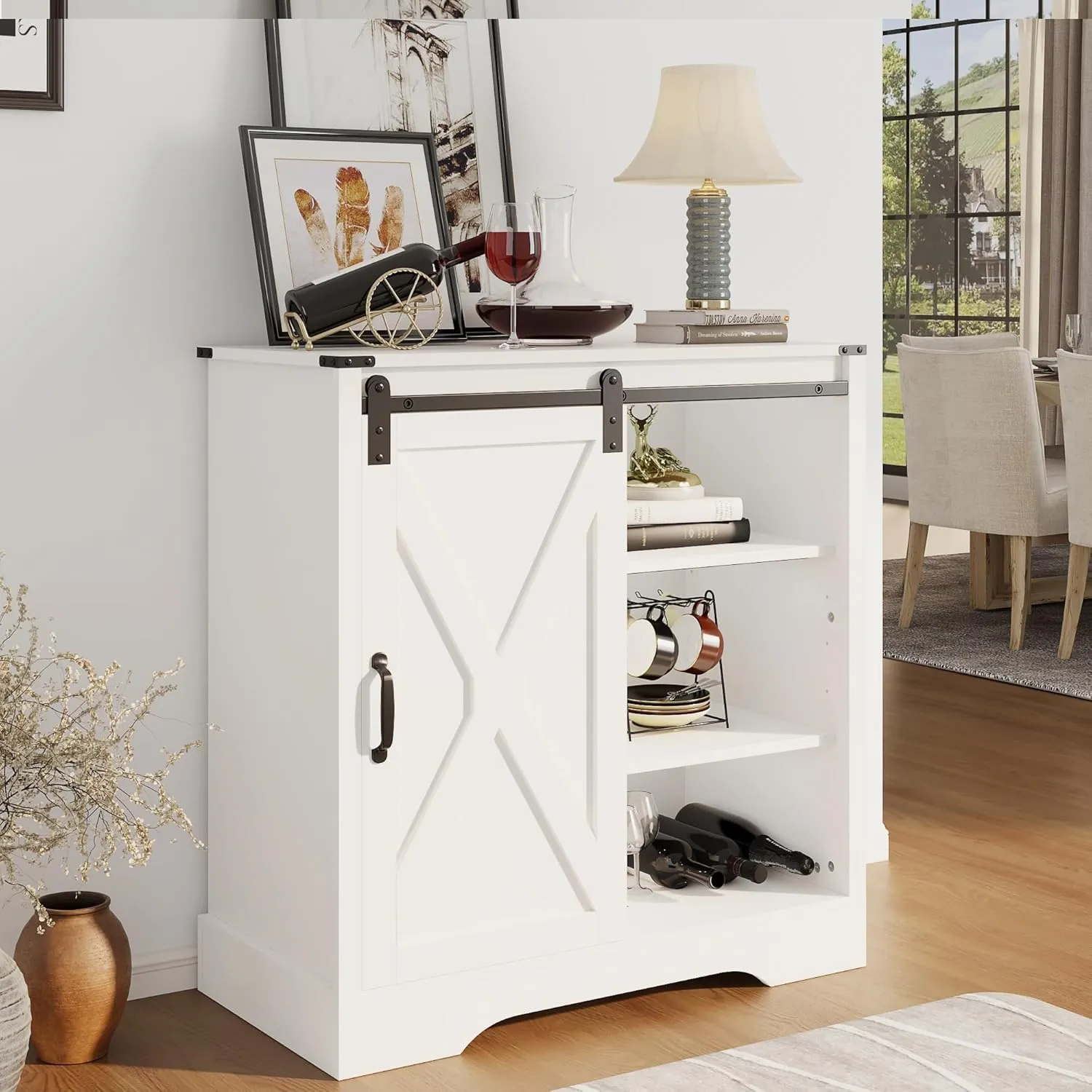 Farmhouse Coffee Bar Cabinet with Storage, 33" H Sideboard Buffet Cabinet with Sliding Bar Door, Wooden Rustic Accent Cabinet Table for Dining Room Living Room Kitchen, Pure White