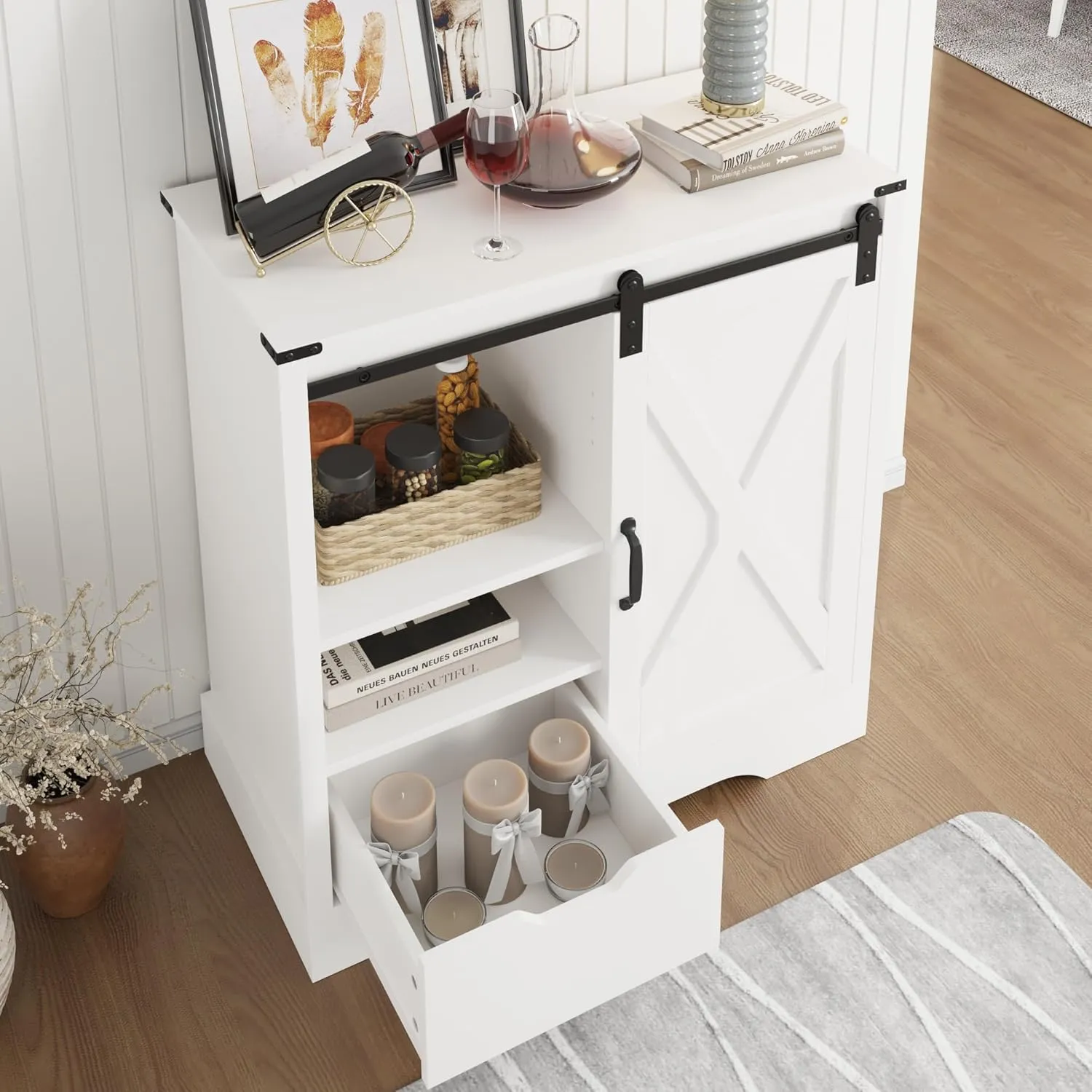Farmhouse Coffee Bar Cabinet with Storage, 33" H Sideboard Buffet Cabinet with Sliding Bar Door, Wooden Rustic Accent Cabinet Table for Dining Room Living Room Kitchen, Pure White