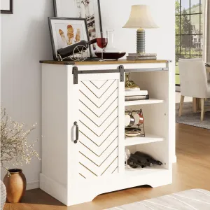 Farmhouse Coffee Bar Cabinet with Storage, 33" H Sideboard Buffet Cabinet with Sliding Bar Door, Wooden Rustic Accent Cabinet Table for Dining Room Living Room Kitchen, White