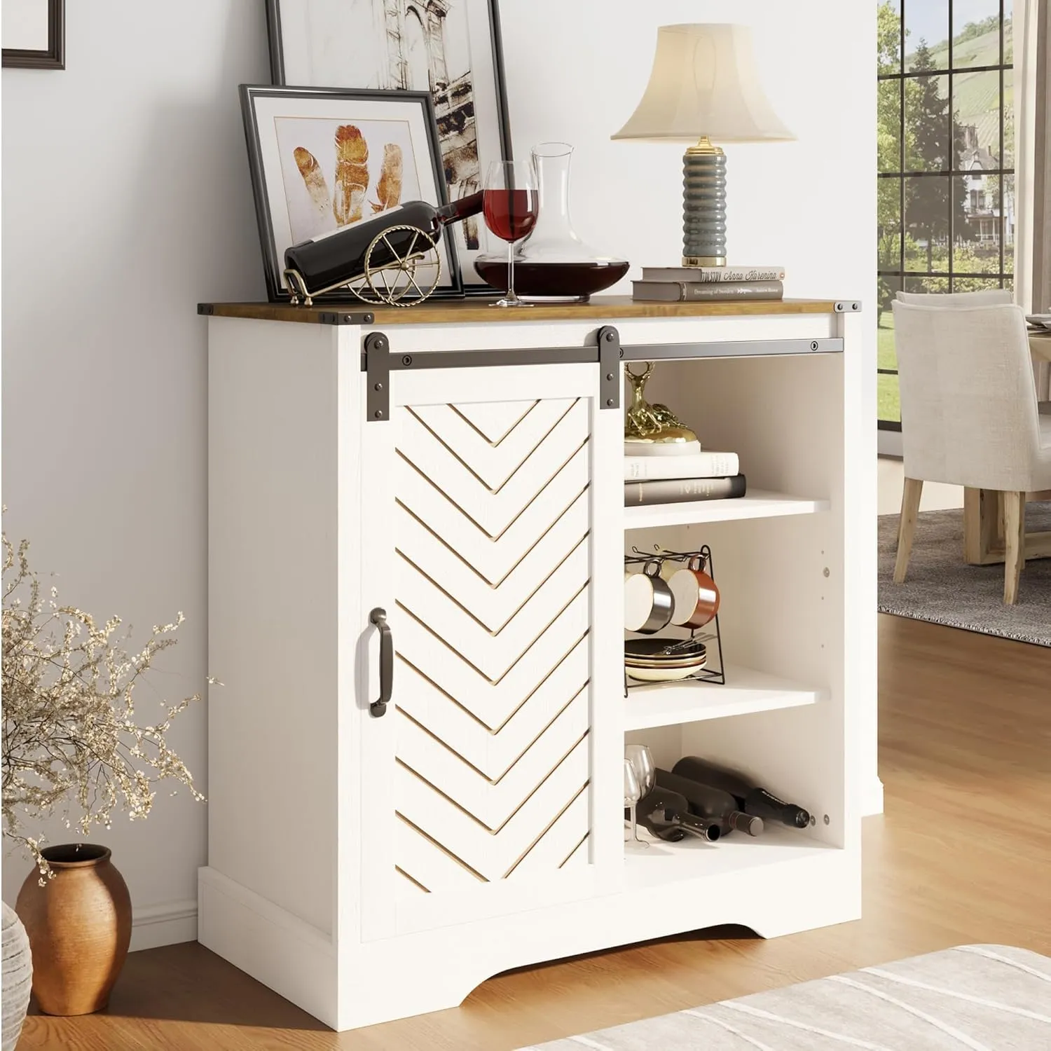 Farmhouse Coffee Bar Cabinet with Storage, 33" H Sideboard Buffet Cabinet with Sliding Bar Door, Wooden Rustic Accent Cabinet Table for Dining Room Living Room Kitchen, White