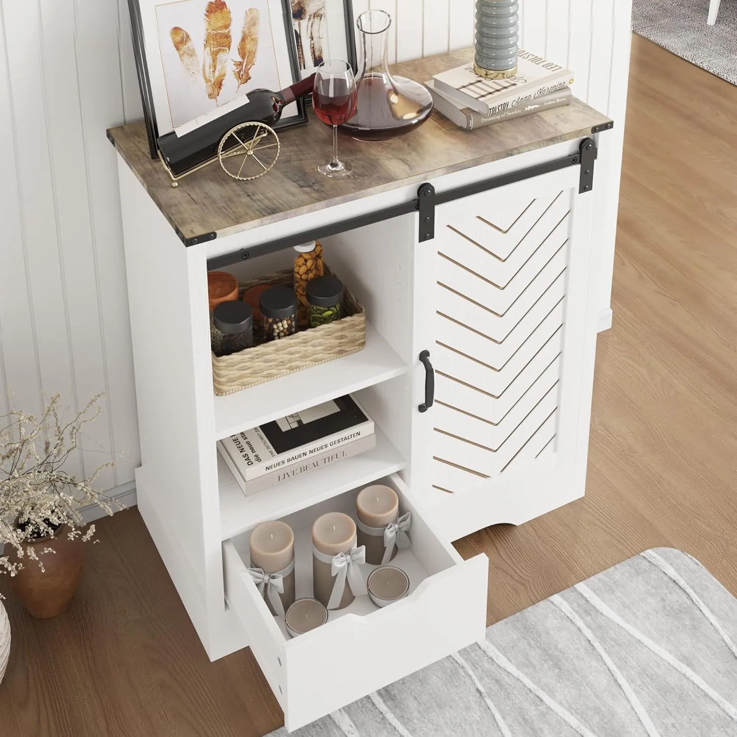 Farmhouse Coffee Bar Cabinet with Storage, 33" H Sideboard Buffet Cabinet with Sliding Bar Door, Wooden Rustic Accent Cabinet Table for Dining Room Living Room Kitchen, White