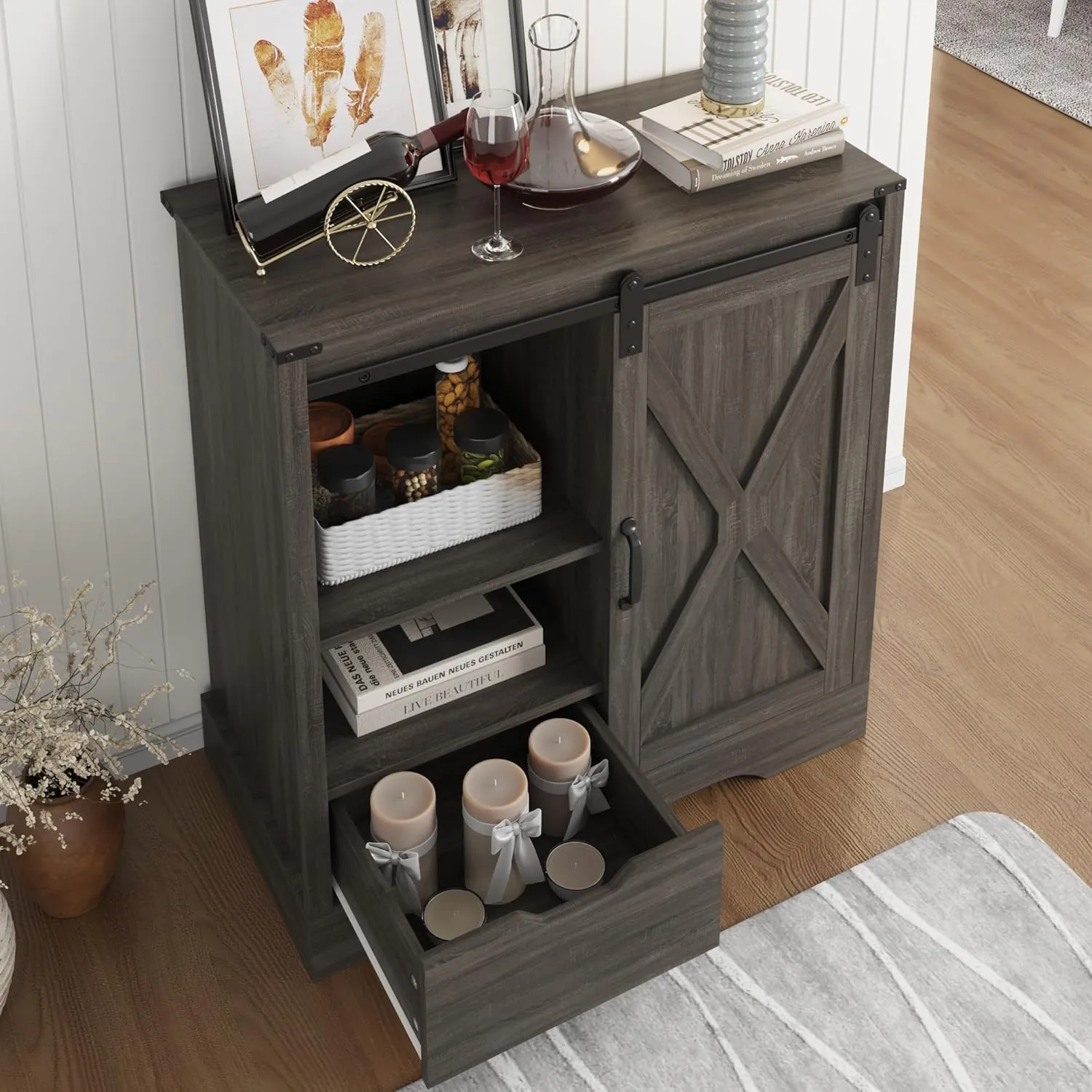 Farmhouse Coffee Bar Cabinet with Storage, Sideboard Buffet Cabinet with Sliding Bar Door 33" H, Wooden Rustic Accent Cabinet Table for Dining Room Living Room Kitchen, Dark Grey