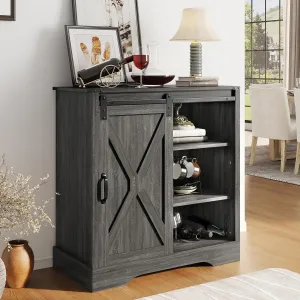 Farmhouse Coffee Bar Cabinet with Storage, Sideboard Buffet Cabinet with Sliding Bar Door 33" H, Wooden Rustic Accent Cabinet Table for Dining Room Living Room Kitchen, Dark Grey