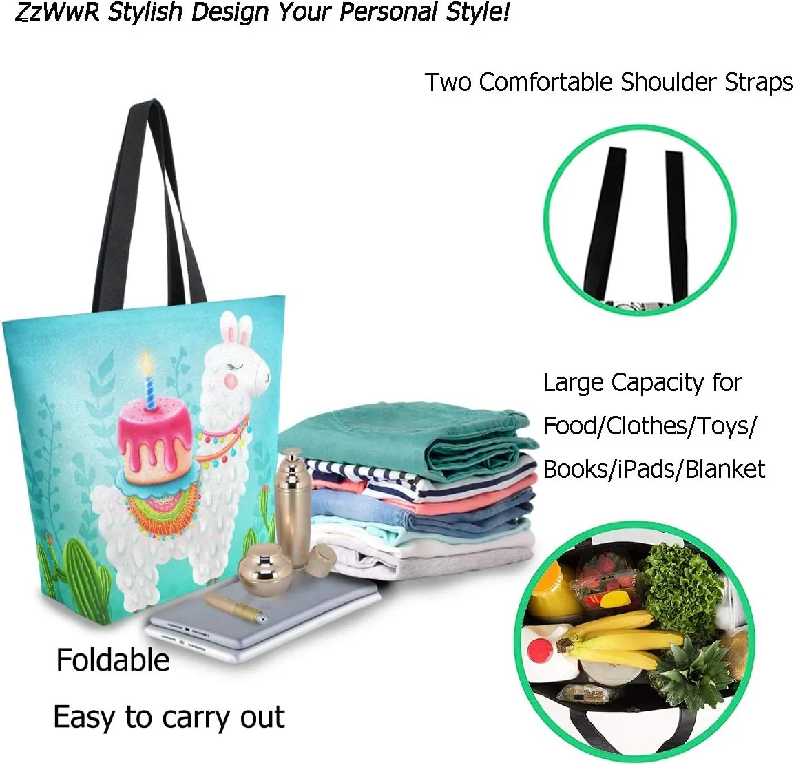 Fashion Beautiful Printed Pattern Extra Large Shoulder Tote Bag for Beach Travel Weekender Gym Grocery Shopping