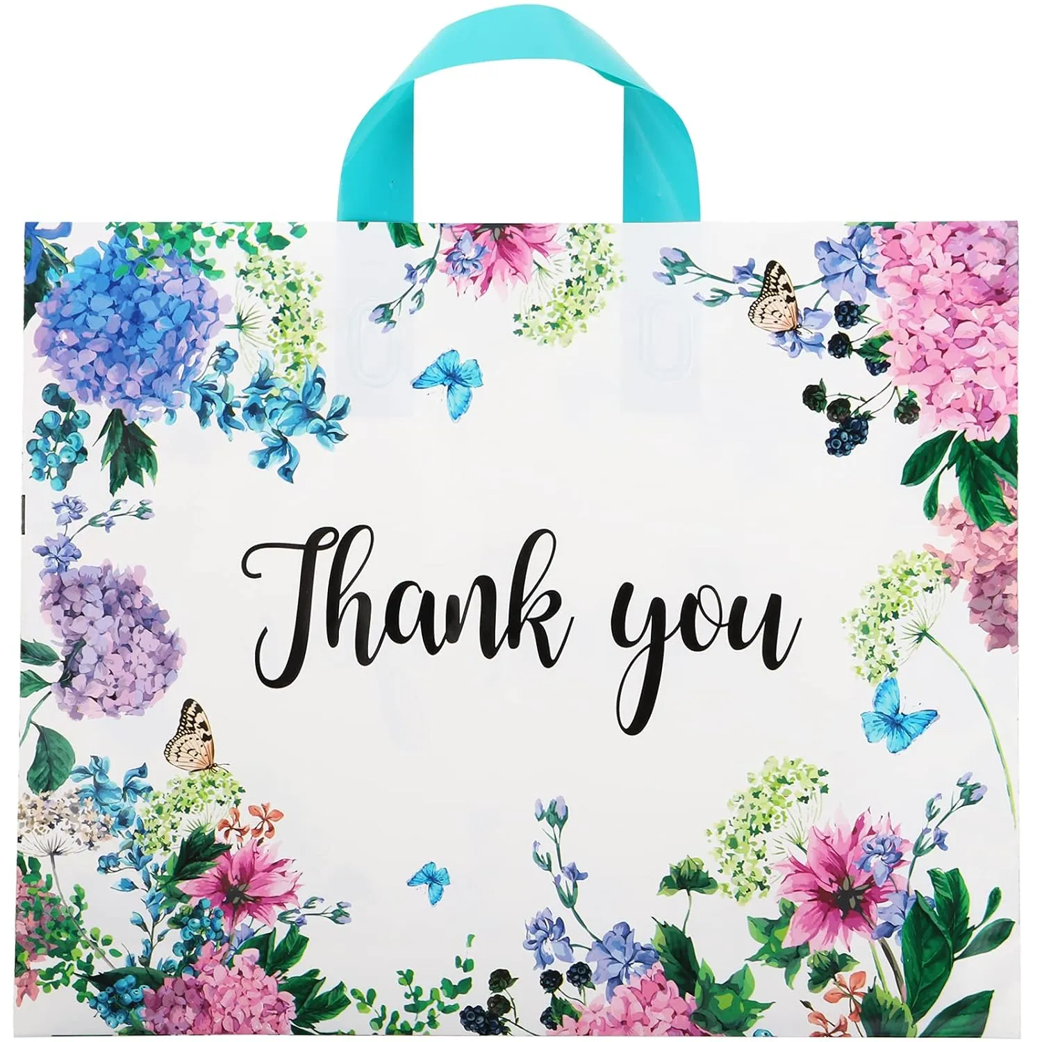Fasmov 60 Pieces Thank You Gift Bags 12"x 15" with Soft Loop Handles, Floral Shopping Bags Reusable Plastic Shopping Bags Retail Shopping Goodie Bag for Gift, Boutique, Clothes, Grocery