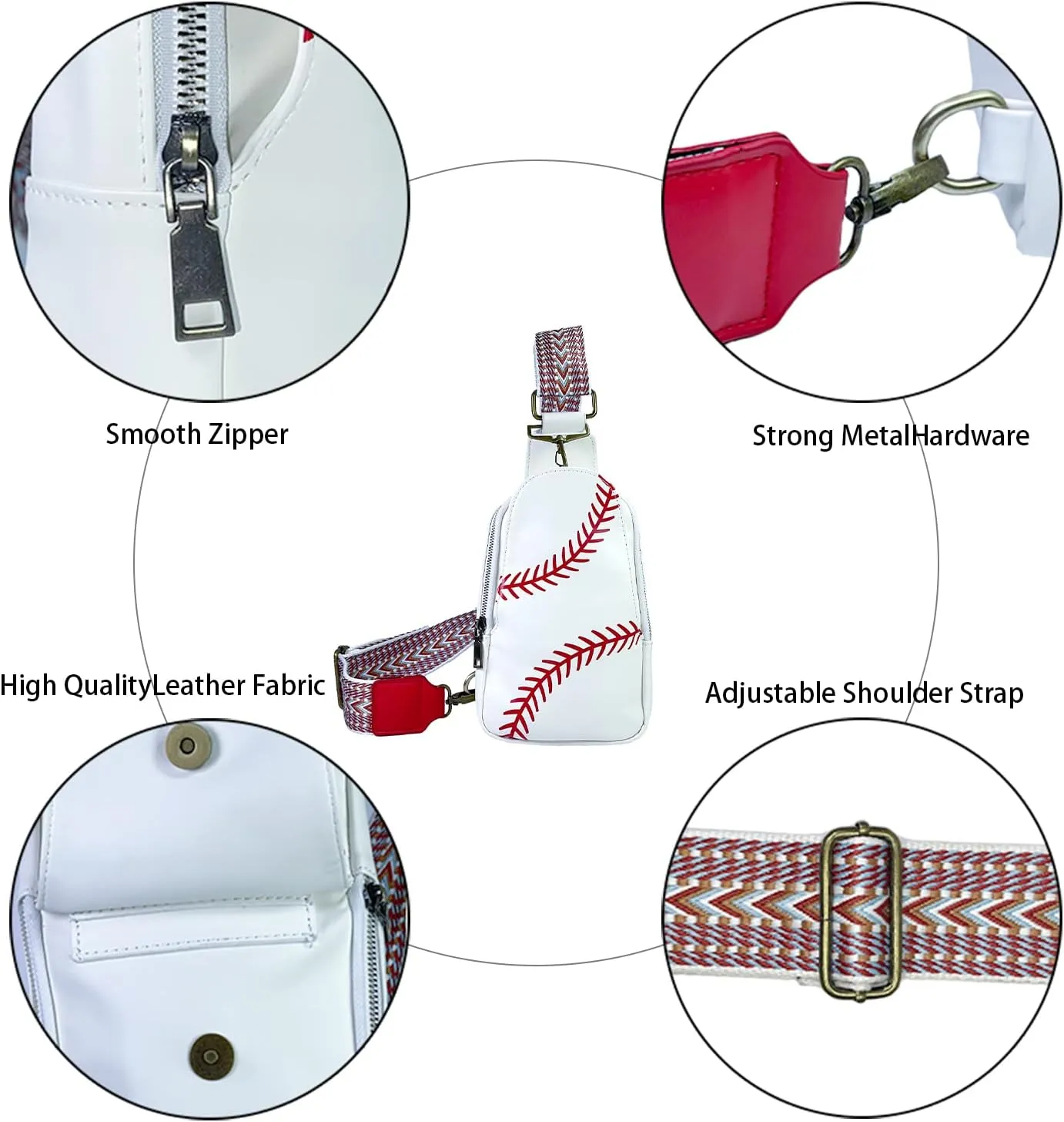 FAYBA Small Sling Bag for Women Crossbody Bag, Baseball Print PU Leather Wide Guitar Strap Chest Sling Backpack Purse