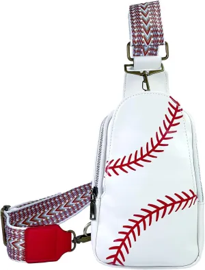 FAYBA Small Sling Bag for Women Crossbody Bag, Baseball Print PU Leather Wide Guitar Strap Chest Sling Backpack Purse