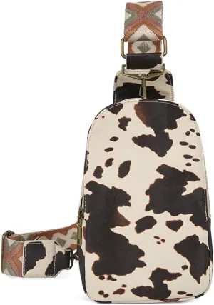 FAYBA Small Sling Bag for Women Crossbody Bag, Cow Print PU Leather Wide Guitar Strap Chest Sling Backpack Purse
