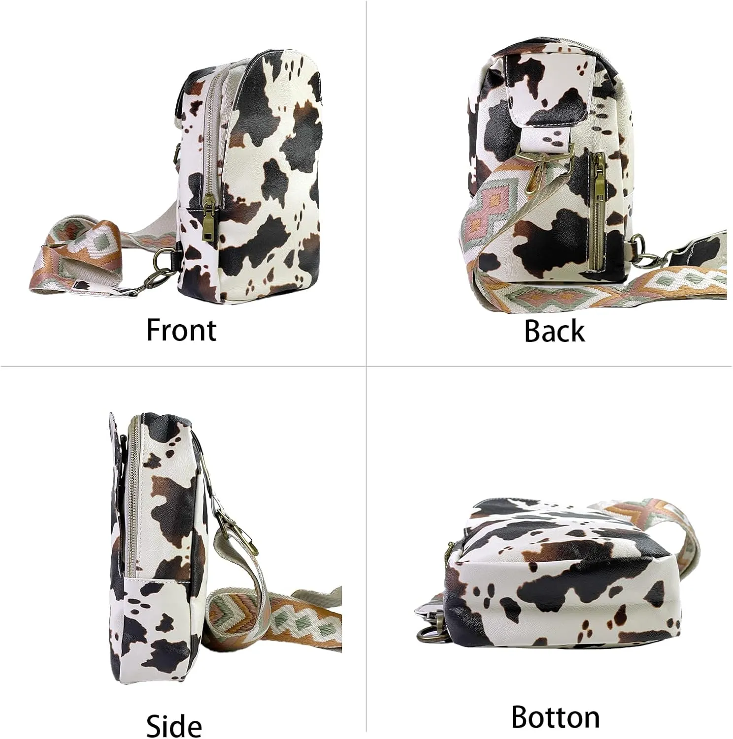 FAYBA Small Sling Bag for Women Crossbody Bag, Cow Print PU Leather Wide Guitar Strap Chest Sling Backpack Purse