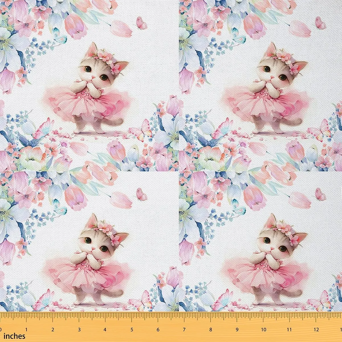 Feelyou Kawaii Cat Fabric by The Yard 10 Yards Pet Cats Pattern Decorative Waterproof Outdoor Fabric Flower Floral Print Upholstery Fabric Cartoon Animal Cute Kitten Print DIY Reupholstery Fabric