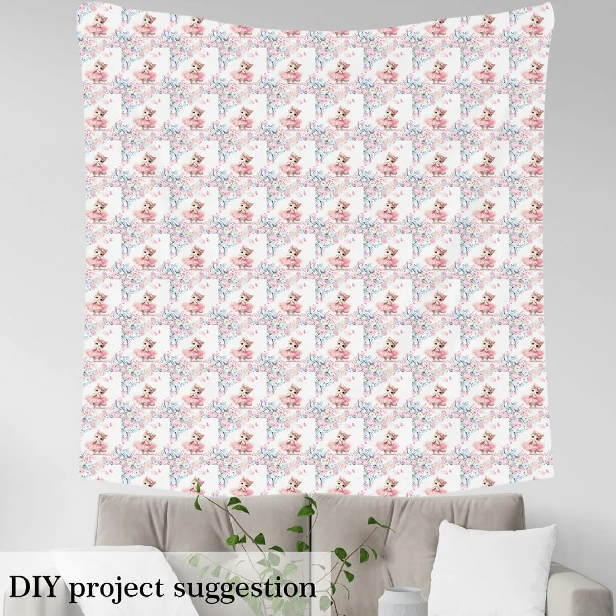 Feelyou Kawaii Cat Fabric by The Yard 10 Yards Pet Cats Pattern Decorative Waterproof Outdoor Fabric Flower Floral Print Upholstery Fabric Cartoon Animal Cute Kitten Print DIY Reupholstery Fabric