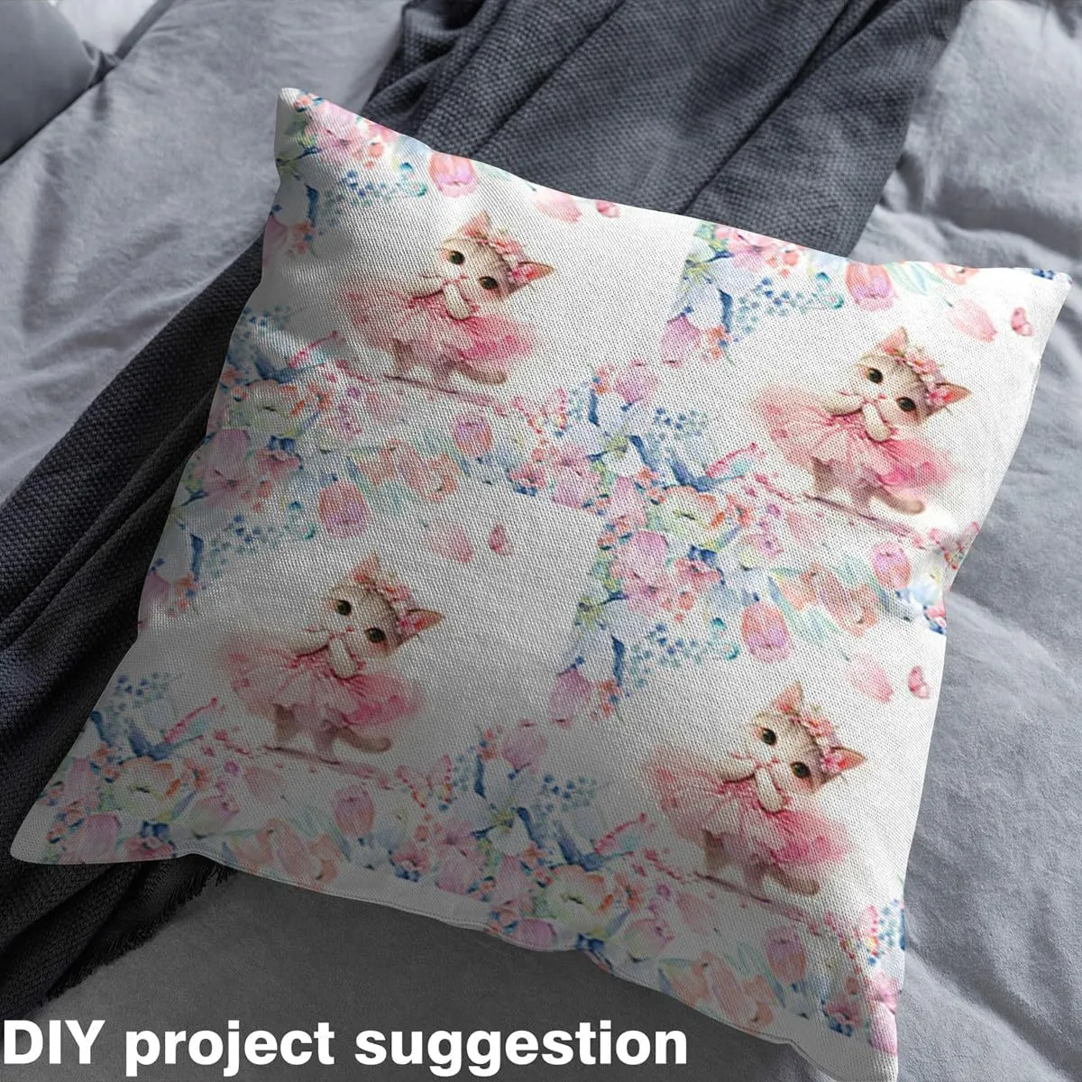 Feelyou Kawaii Cat Fabric by The Yard 10 Yards Pet Cats Pattern Decorative Waterproof Outdoor Fabric Flower Floral Print Upholstery Fabric Cartoon Animal Cute Kitten Print DIY Reupholstery Fabric