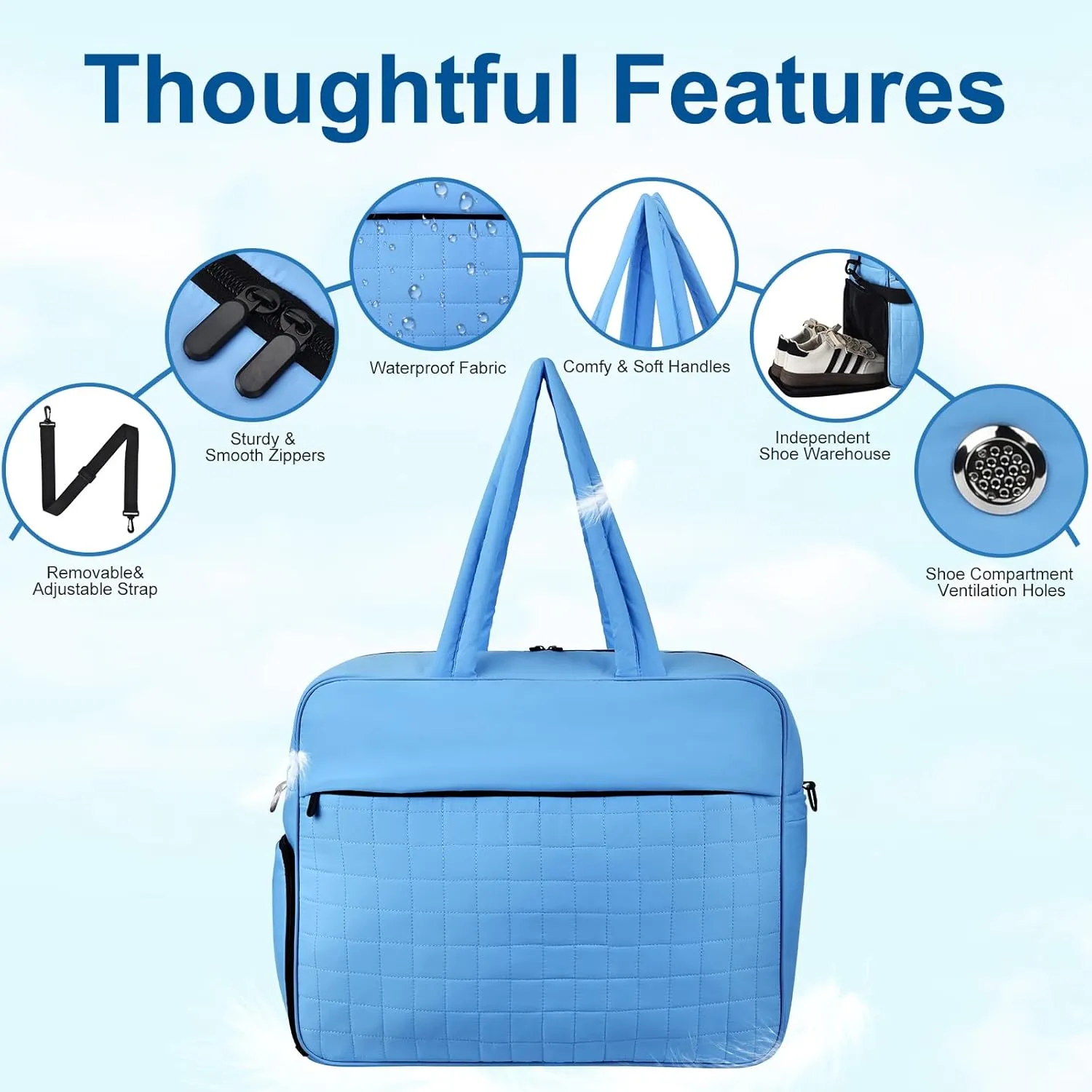 Felipe Varela Puffer Travel Duffle Bag, Gym Bag for Women with Shoe Compartment, Lightweight Tote Weekender Overnight Carry on Duffel Bags for Travel(Blue,36L)