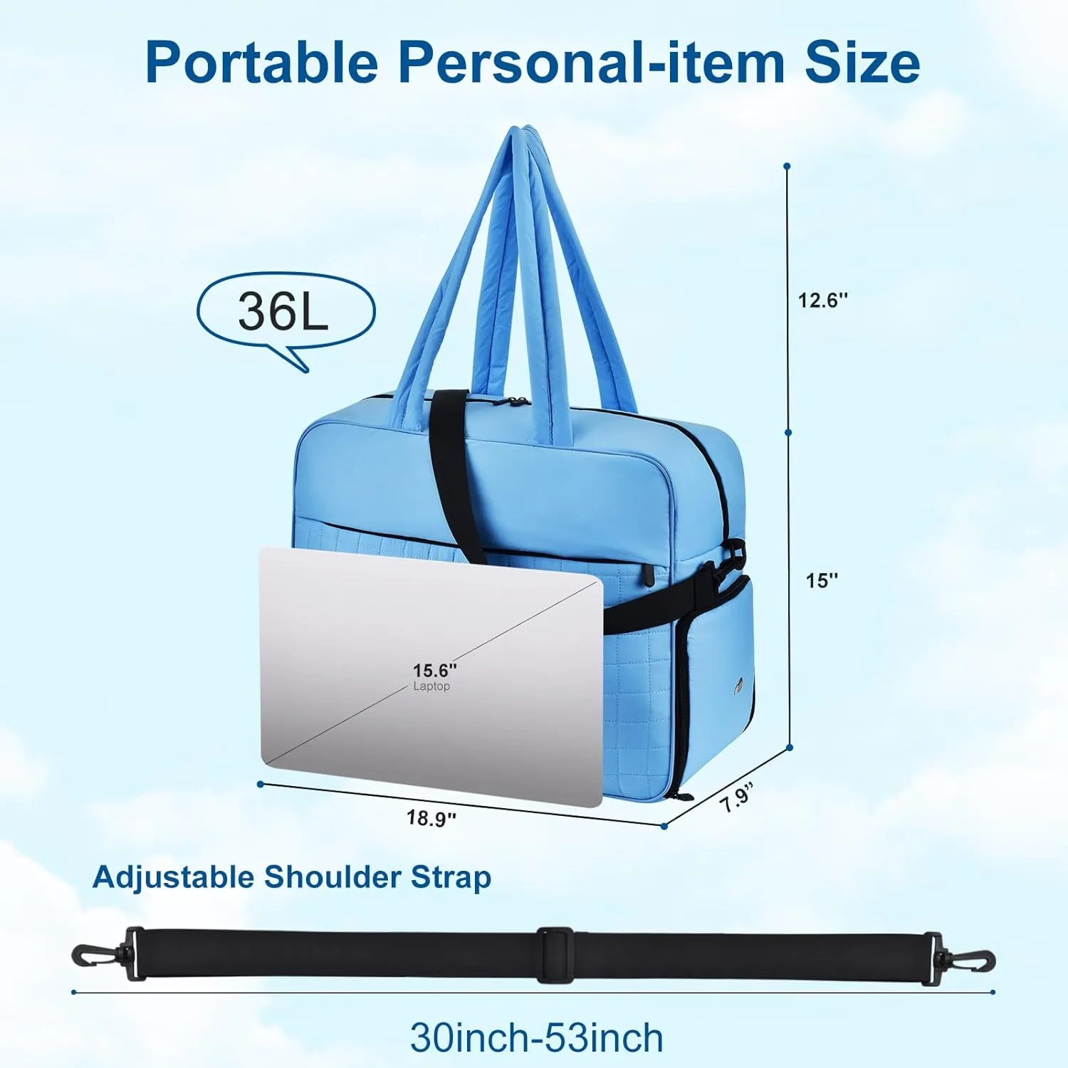 Felipe Varela Puffer Travel Duffle Bag, Gym Bag for Women with Shoe Compartment, Lightweight Tote Weekender Overnight Carry on Duffel Bags for Travel(Blue,36L)
