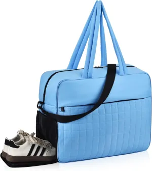 Felipe Varela Puffer Travel Duffle Bag, Gym Bag for Women with Shoe Compartment, Lightweight Tote Weekender Overnight Carry on Duffel Bags for Travel(Blue,36L)