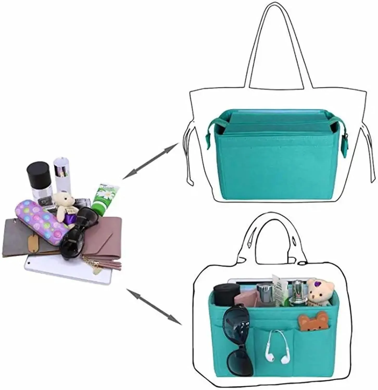 Felt Insert Bag Cosmetic Organizer Felt Insert Bag For Handbag Travel Inner Purse Portable Make Up Bags(Light green,25x16x14.5cm)