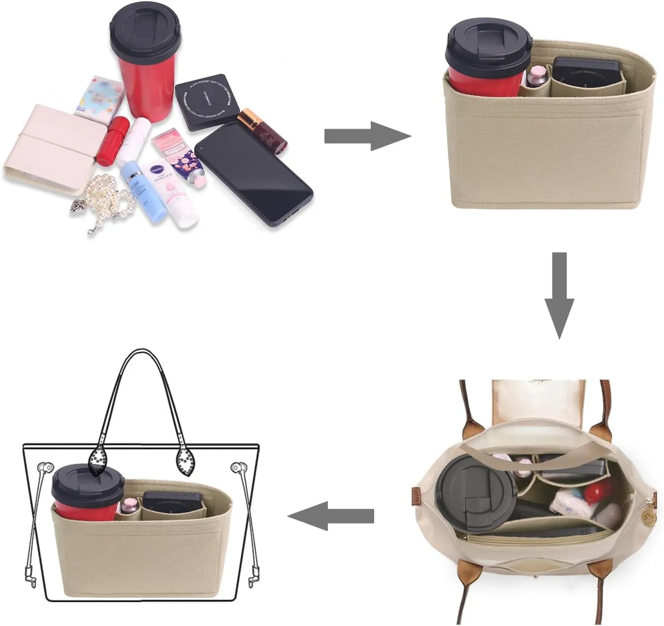 Felt Purse Organizer Insert for Longchamp Le Pliage, Handbag Insert with Multi-Pockets Fits Speedy, Neverfull and More