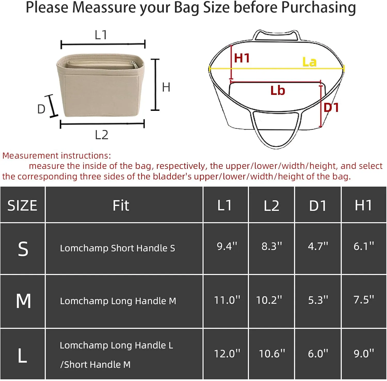 Felt Purse Organizer Insert for Longchamp Le Pliage, Handbag Insert with Multi-Pockets Fits Speedy, Neverfull and More