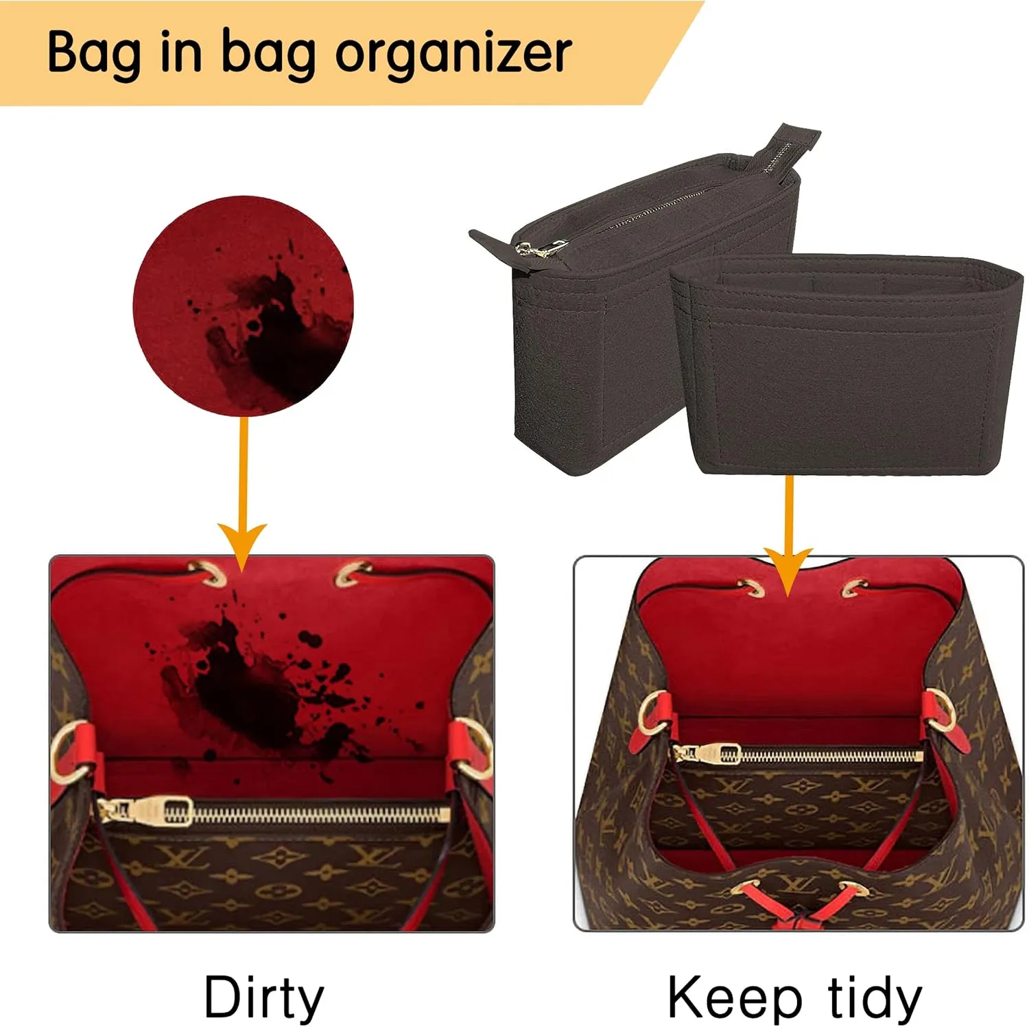 Felt Tote Bag organizer with Zipper Small Purse Organizer Insert With 2 Packs fits NeoNoe Series,Black