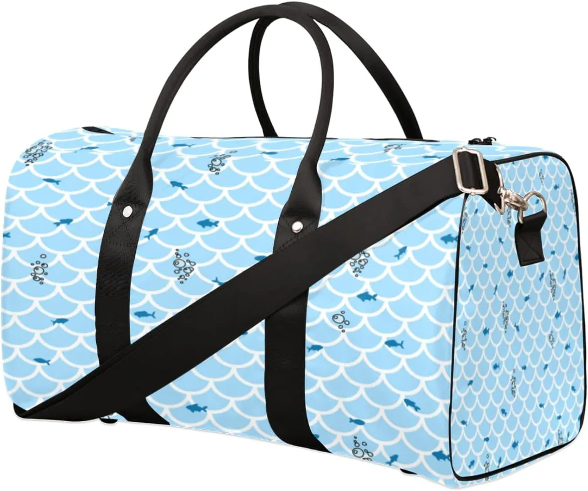 Fish Scale Blue Duffel Bag Sport Gym Duffle Bag Mermaid Scale Travel Bag Waterproof Weekender Overnight Tote Bag Foldable Carry on Bag Training Shoulder Bag for Women Men