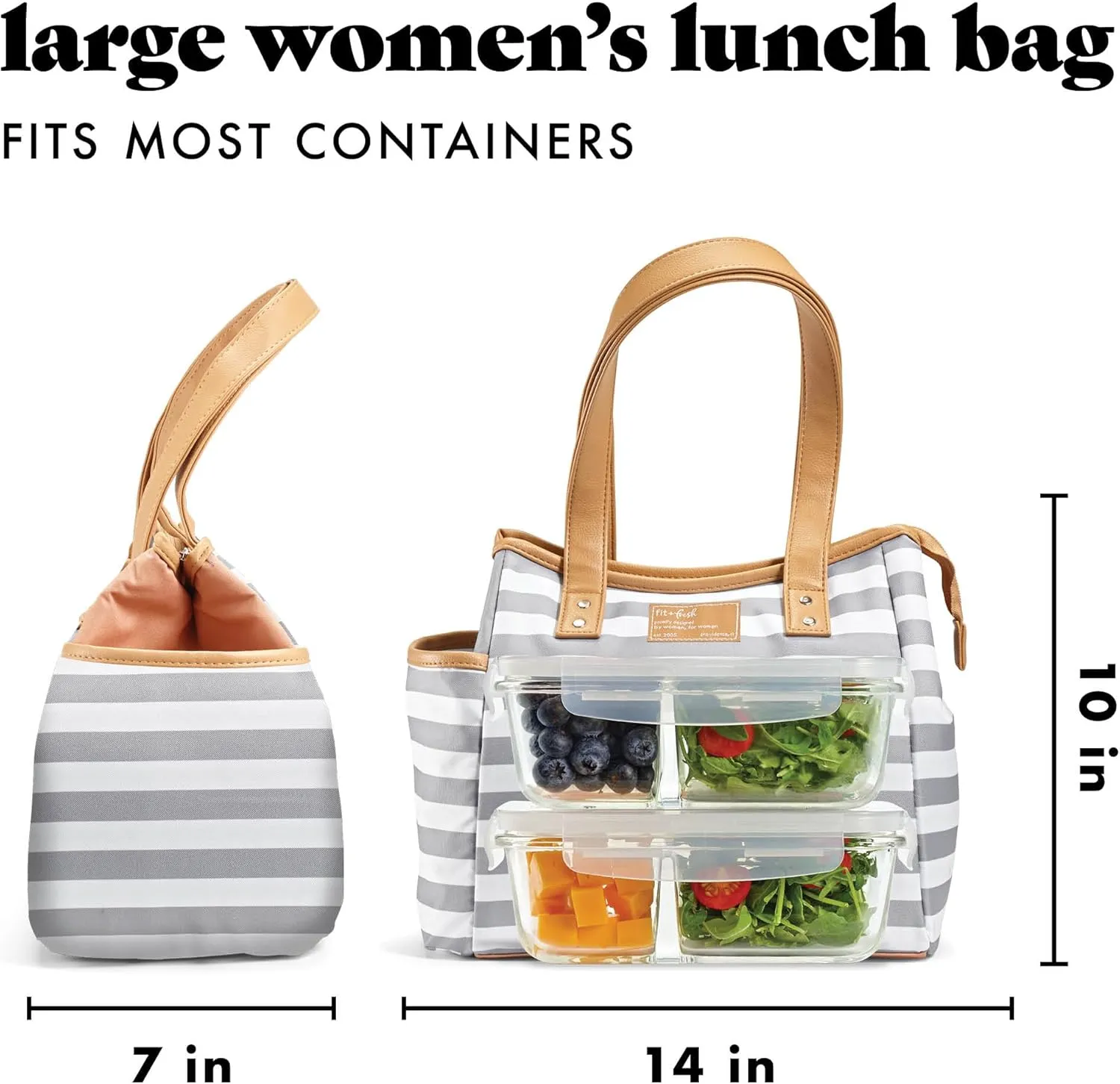 Fit & Fresh Lunch Bag For Women, Insulated Womens Lunch Bag For Work, Leakproof & Stain-Resistant Large Lunch Box For Women With Containers and Matching Tumbler, Zipper, Westerly Lunch Bag, Grey Strip