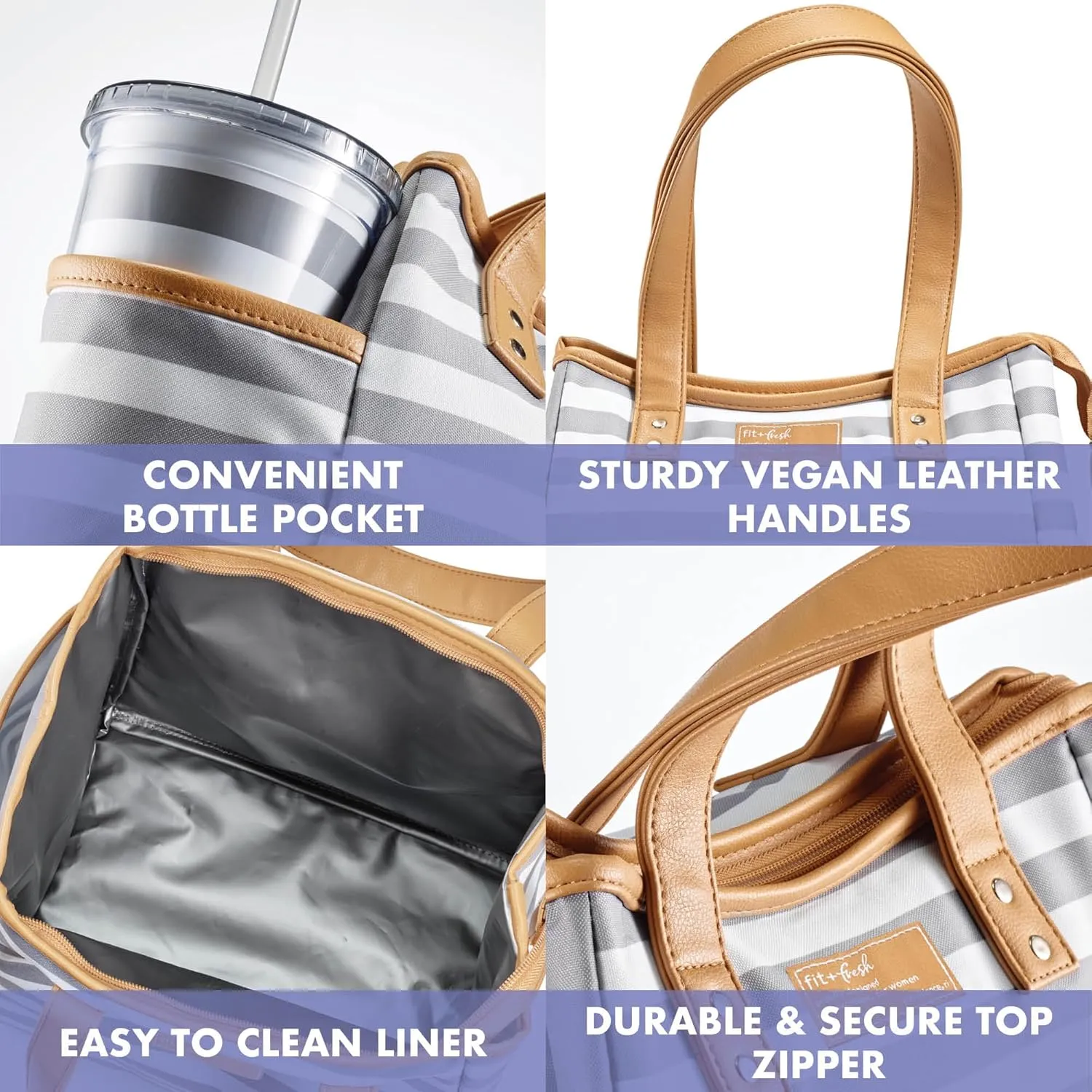 Fit & Fresh Lunch Bag For Women, Insulated Womens Lunch Bag For Work, Leakproof & Stain-Resistant Large Lunch Box For Women With Containers and Matching Tumbler, Zipper, Westerly Lunch Bag, Grey Strip
