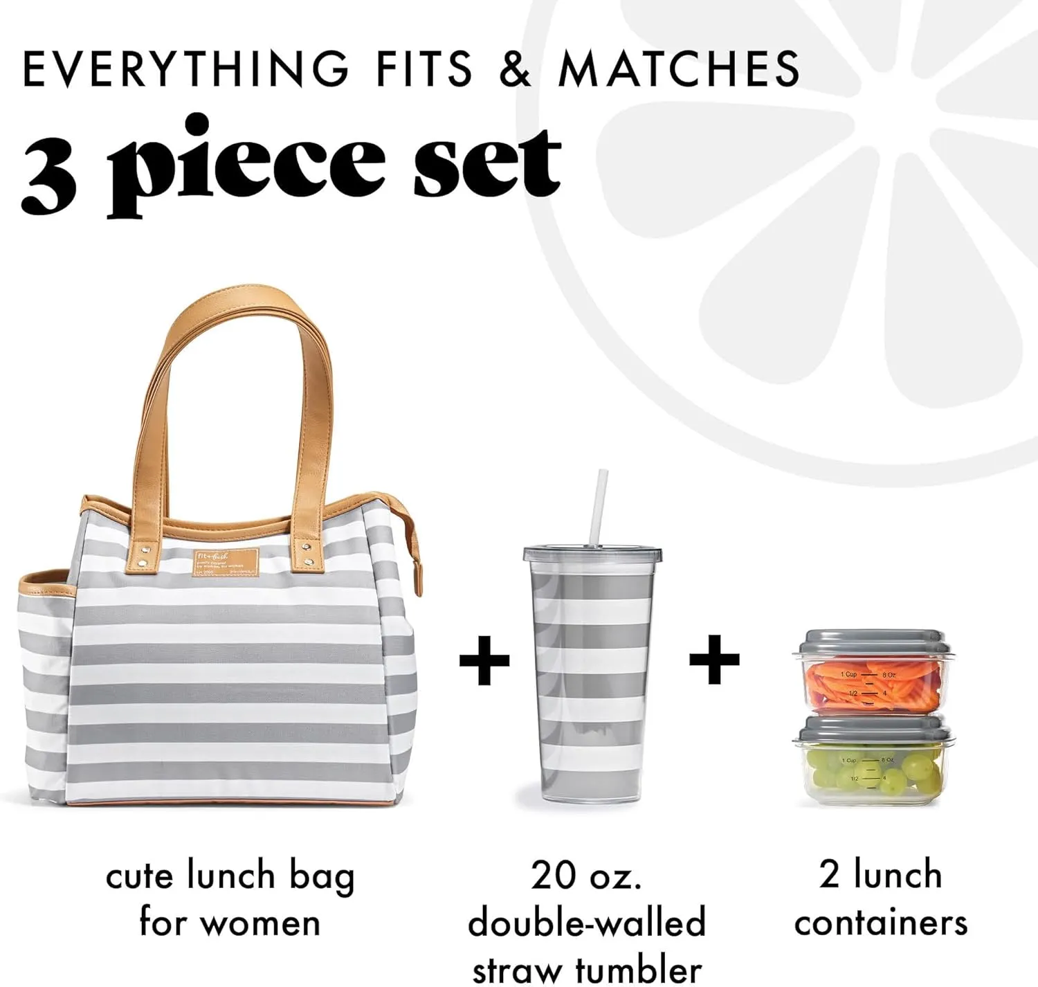 Fit & Fresh Lunch Bag For Women, Insulated Womens Lunch Bag For Work, Leakproof & Stain-Resistant Large Lunch Box For Women With Containers and Matching Tumbler, Zipper, Westerly Lunch Bag, Grey Strip
