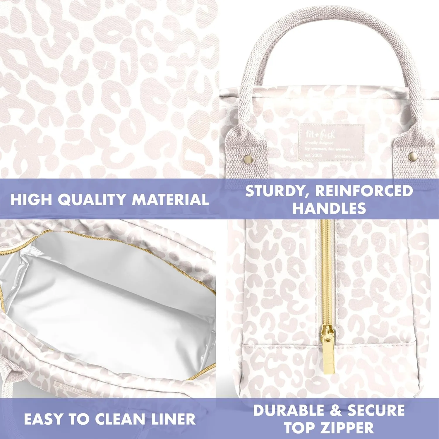 Fit & Fresh Lunch Bag For Women, Insulated Womens Lunch Bag For Work, Leakproof & Stain-Resistant Large Lunch Box For Women With Containers, Zipper Closure Bloomington Lunch Bag, Feline Fine Ivory