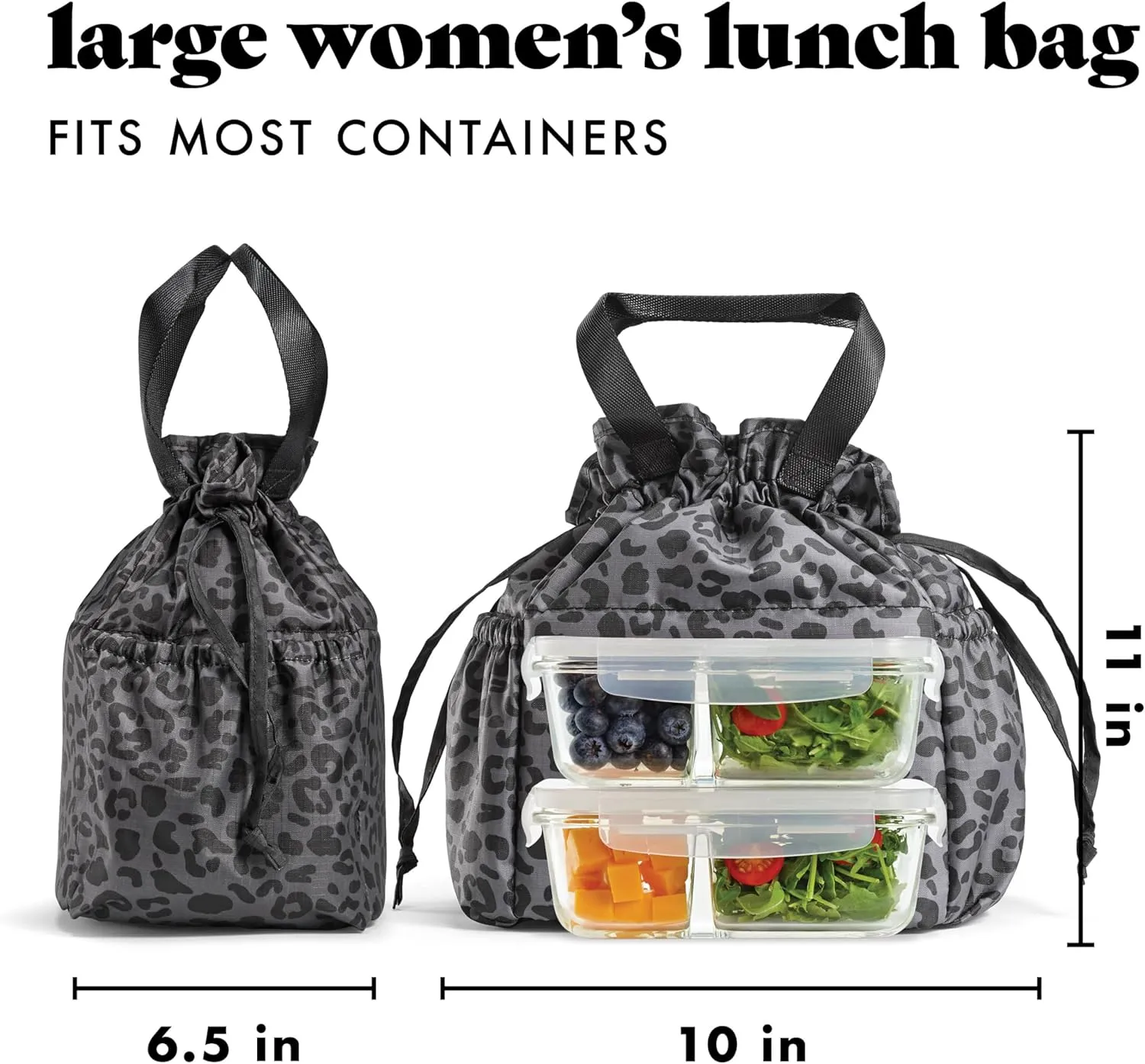 Fit & Fresh Lunch Bag For Women, Insulated Womens Lunch Bag For Work, Stain-Resistant Large Lunch Box For Women With Containers, Cinch Closure Cromwell Bag, Black Cheetah