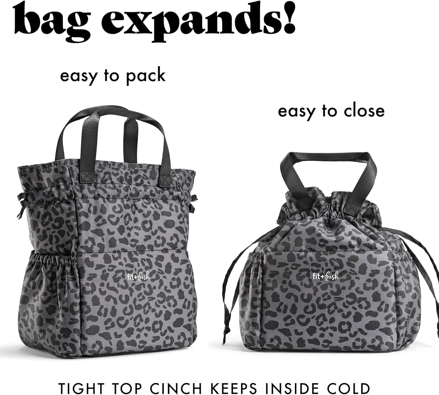 Fit & Fresh Lunch Bag For Women, Insulated Womens Lunch Bag For Work, Stain-Resistant Large Lunch Box For Women With Containers, Cinch Closure Cromwell Bag, Black Cheetah