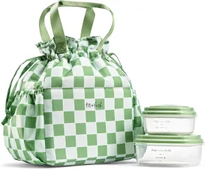 Fit & Fresh Lunch Bag For Women, Insulated Womens Lunch Bag For Work, Stain-Resistant Large Lunch Box For Women With Containers, Cinch Closure Cromwell Pistachio Checker Board