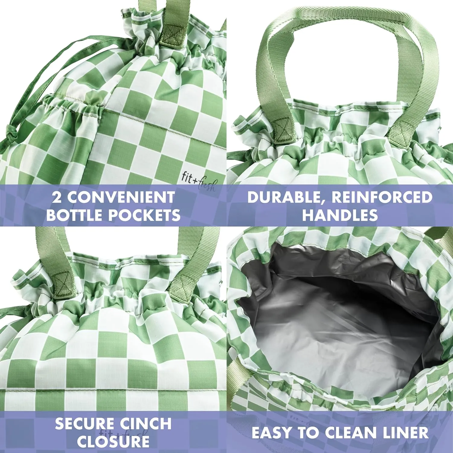 Fit & Fresh Lunch Bag For Women, Insulated Womens Lunch Bag For Work, Stain-Resistant Large Lunch Box For Women With Containers, Cinch Closure Cromwell Pistachio Checker Board
