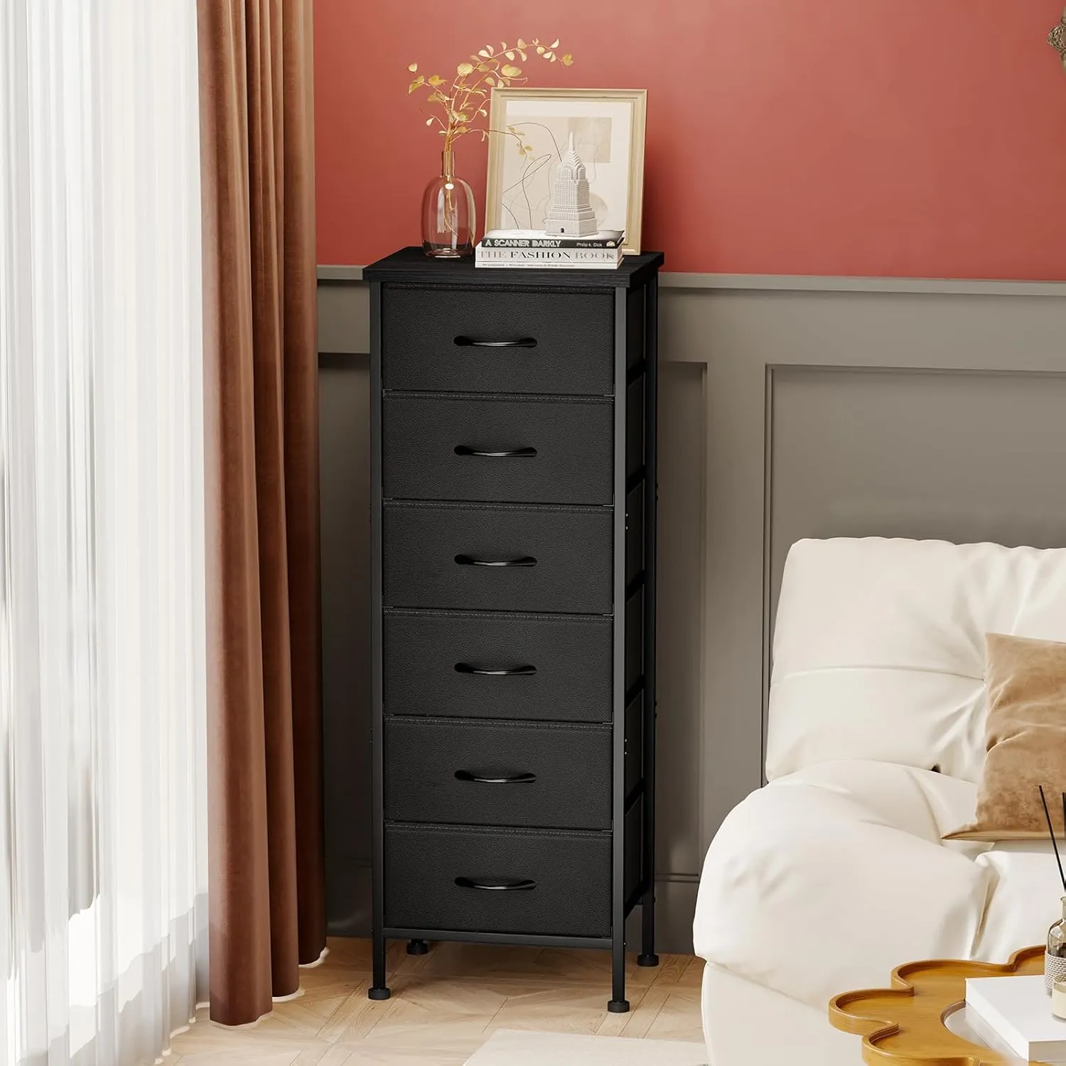 Fixwal Black Tall Dresser for Bedroom Closet Organizers and Storage Tall Fabric Dresser with 6 Drawers, Small Clothes Storage Girl Bedroom Furniture