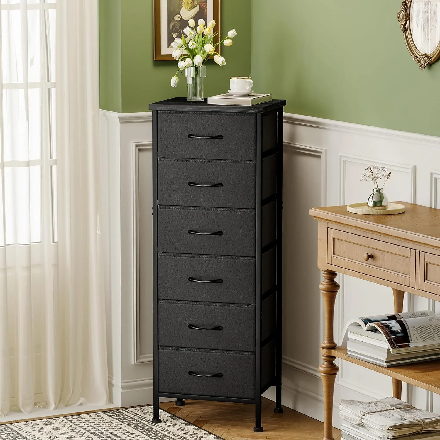Fixwal Black Tall Dresser for Bedroom Closet Organizers and Storage Tall Fabric Dresser with 6 Drawers, Small Clothes Storage Girl Bedroom Furniture