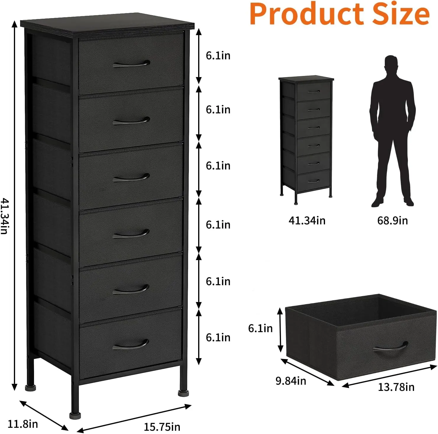 Fixwal Black Tall Dresser for Bedroom Closet Organizers and Storage Tall Fabric Dresser with 6 Drawers, Small Clothes Storage Girl Bedroom Furniture