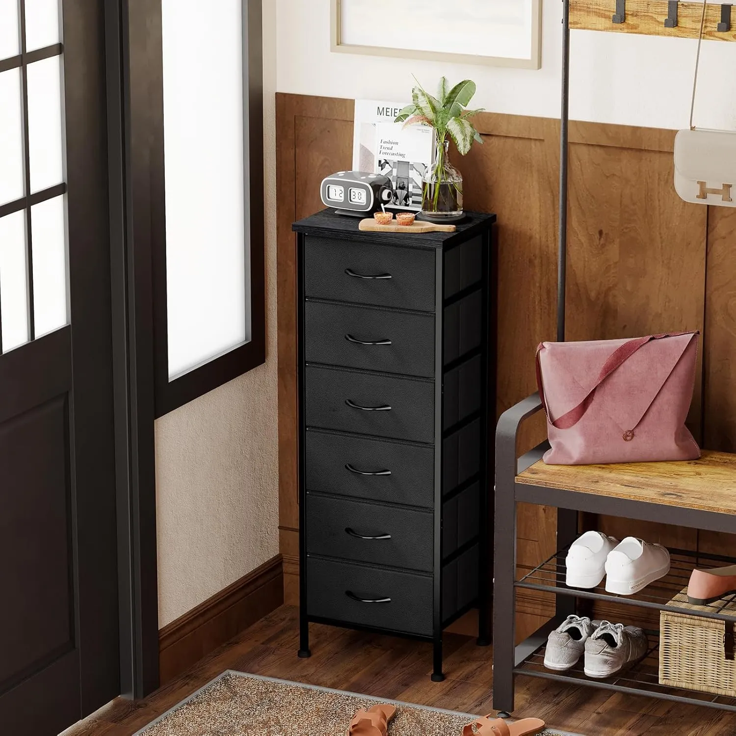 Fixwal Black Tall Dresser for Bedroom Closet Organizers and Storage Tall Fabric Dresser with 6 Drawers, Small Clothes Storage Girl Bedroom Furniture