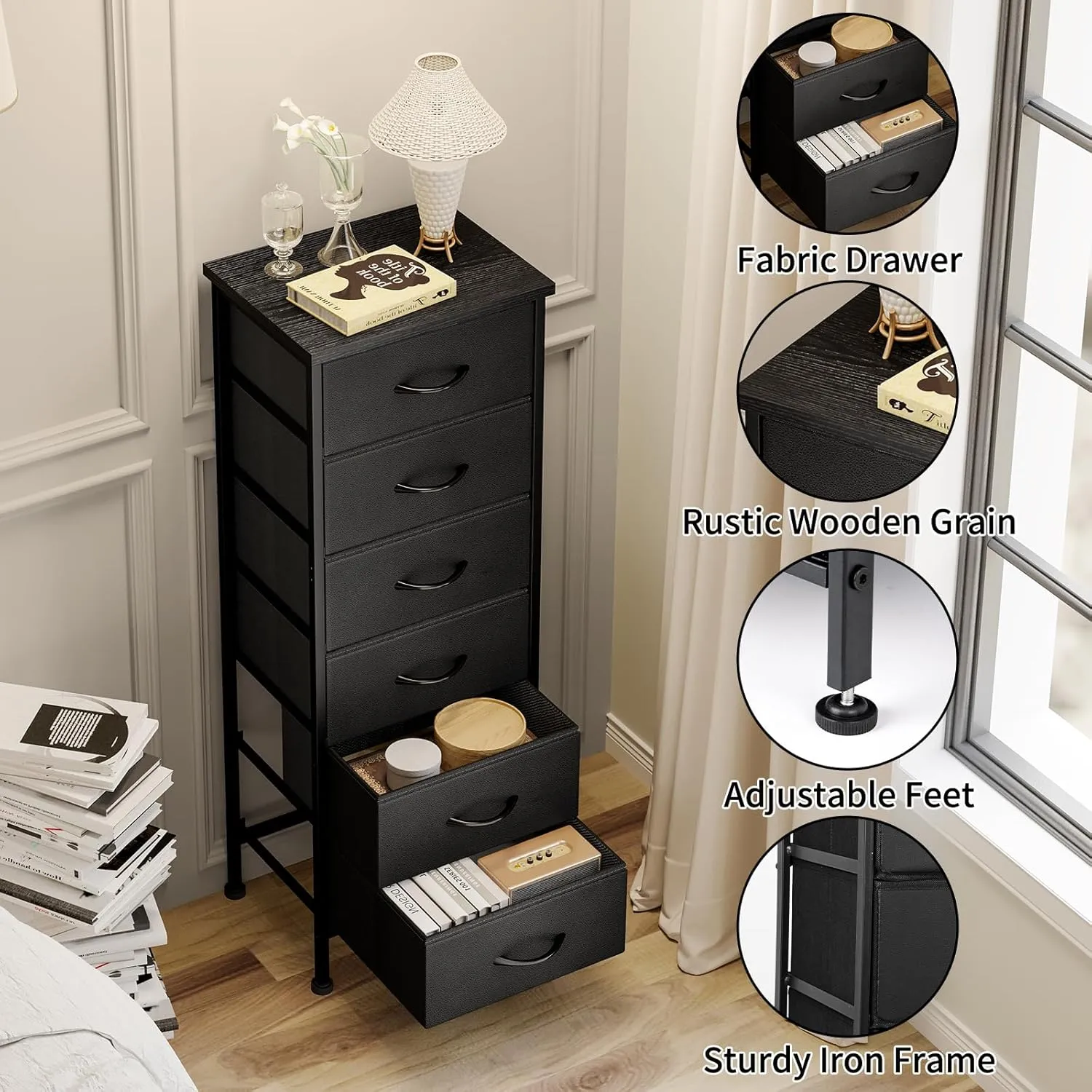Fixwal Black Tall Dresser for Bedroom Closet Organizers and Storage Tall Fabric Dresser with 6 Drawers, Small Clothes Storage Girl Bedroom Furniture