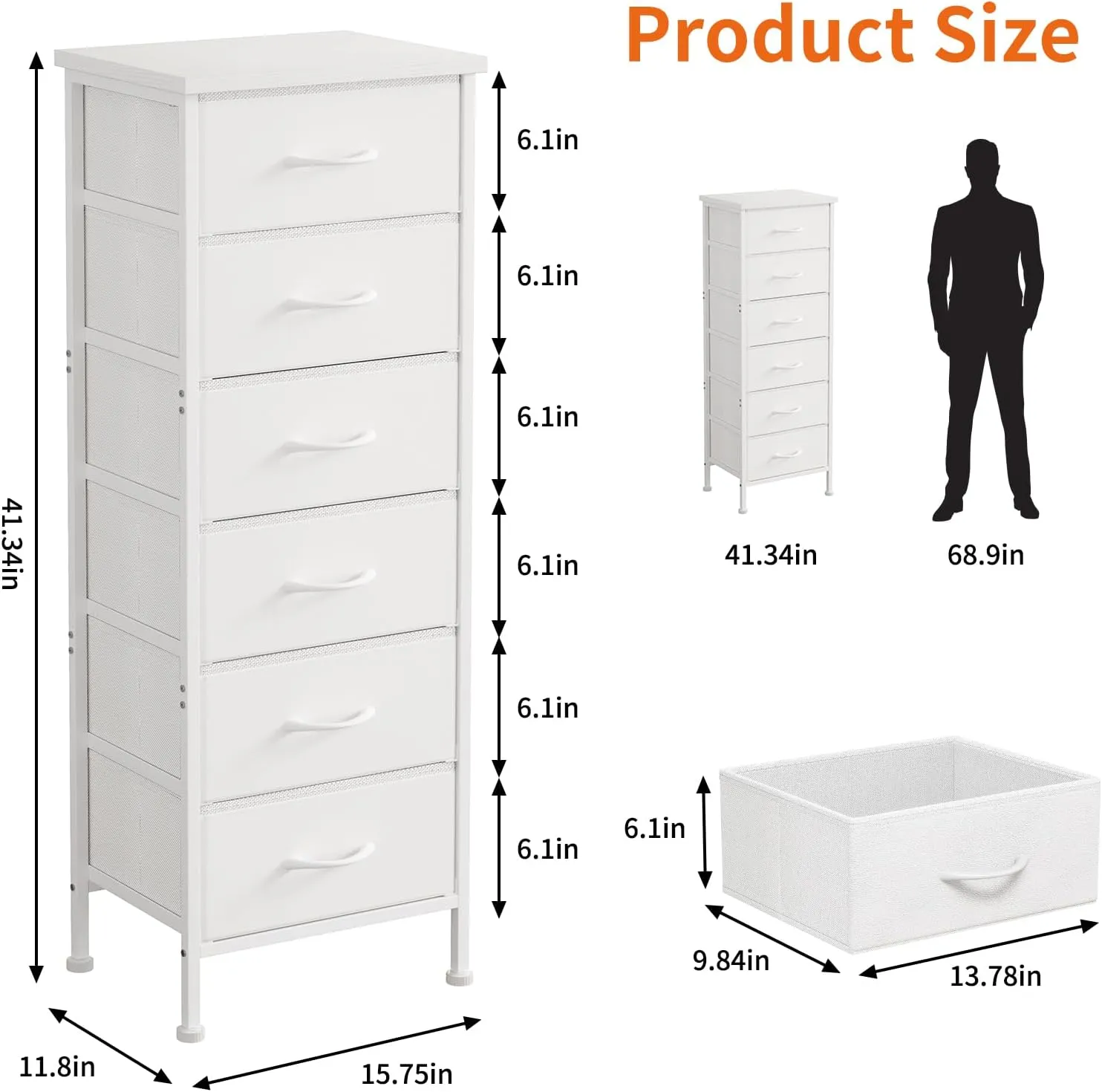 Fixwal White Tall Dresser for Bedroom Closet Organizers and Storage Tall Fabric Dresser with 6 Drawers, Small Clothes Storage Girl Bedroom Furniture