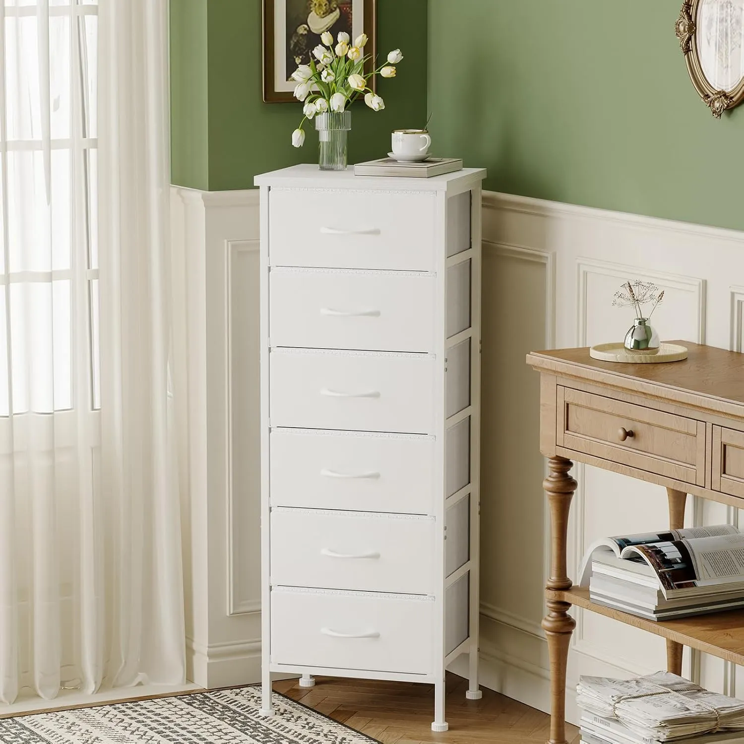 Fixwal White Tall Dresser for Bedroom Closet Organizers and Storage Tall Fabric Dresser with 6 Drawers, Small Clothes Storage Girl Bedroom Furniture